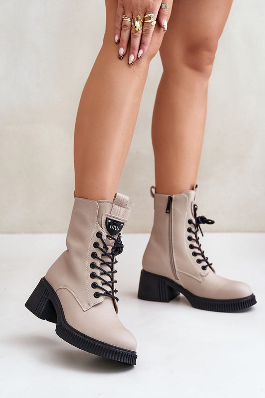 Damen Echtleder Schnürstiefeletten „Kensington“ in Beige gefüttert mit Blockabsatz (Modell 201012 Step in style)