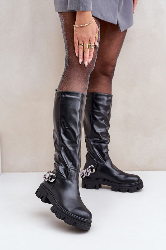 Slip-On Damen Plateau Stiefel gefüttert in Schwarz mit Ketten-Verzierung (Modell 204668 Step in style) 