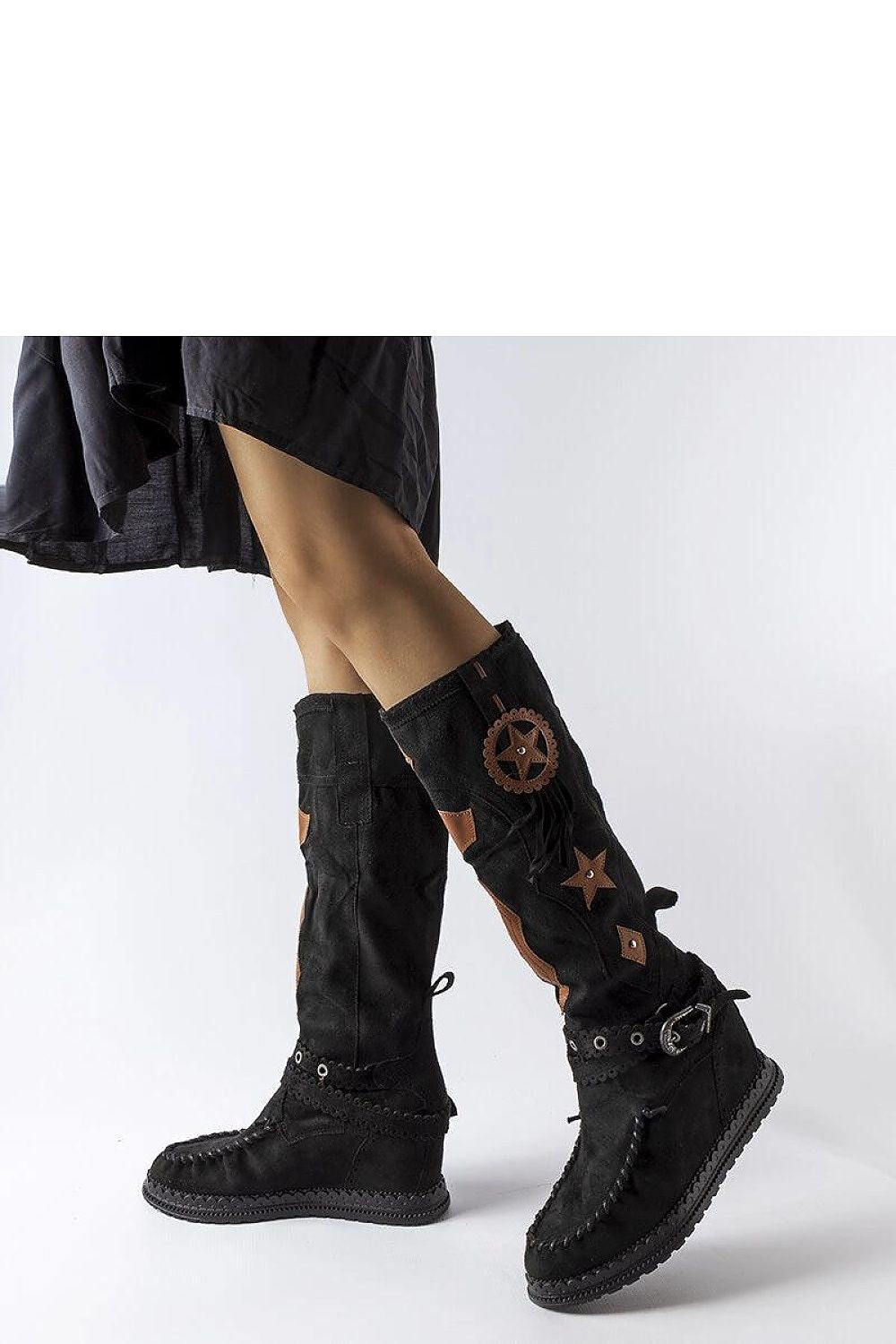 Damen Boho-Stiefel in Schwarz mit verstecktem 8-cm-Keilabsatz. (Modell 205786 Solea)