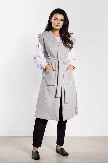 Damen Flanell-Weste lang in Grau mit Bindegürtel. (Modell 218955 awama)