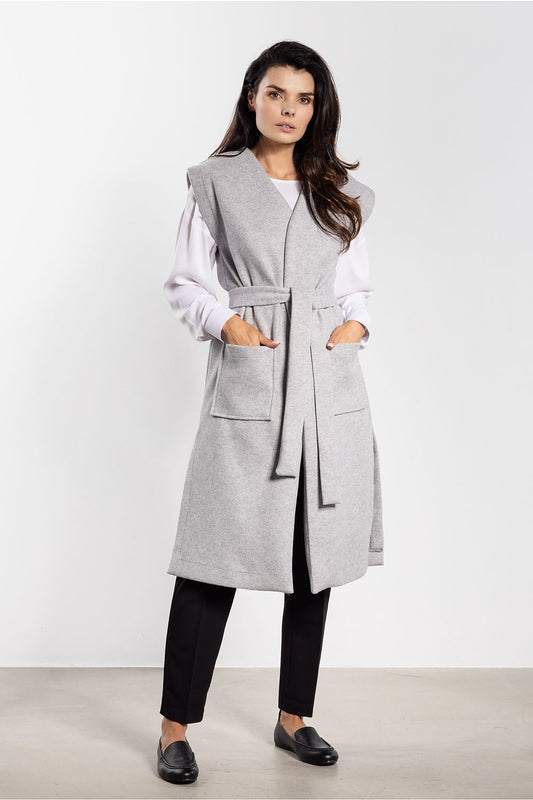 Damen Flanell-Weste lang in Grau mit Bindegürtel. (Modell 218955 awama)