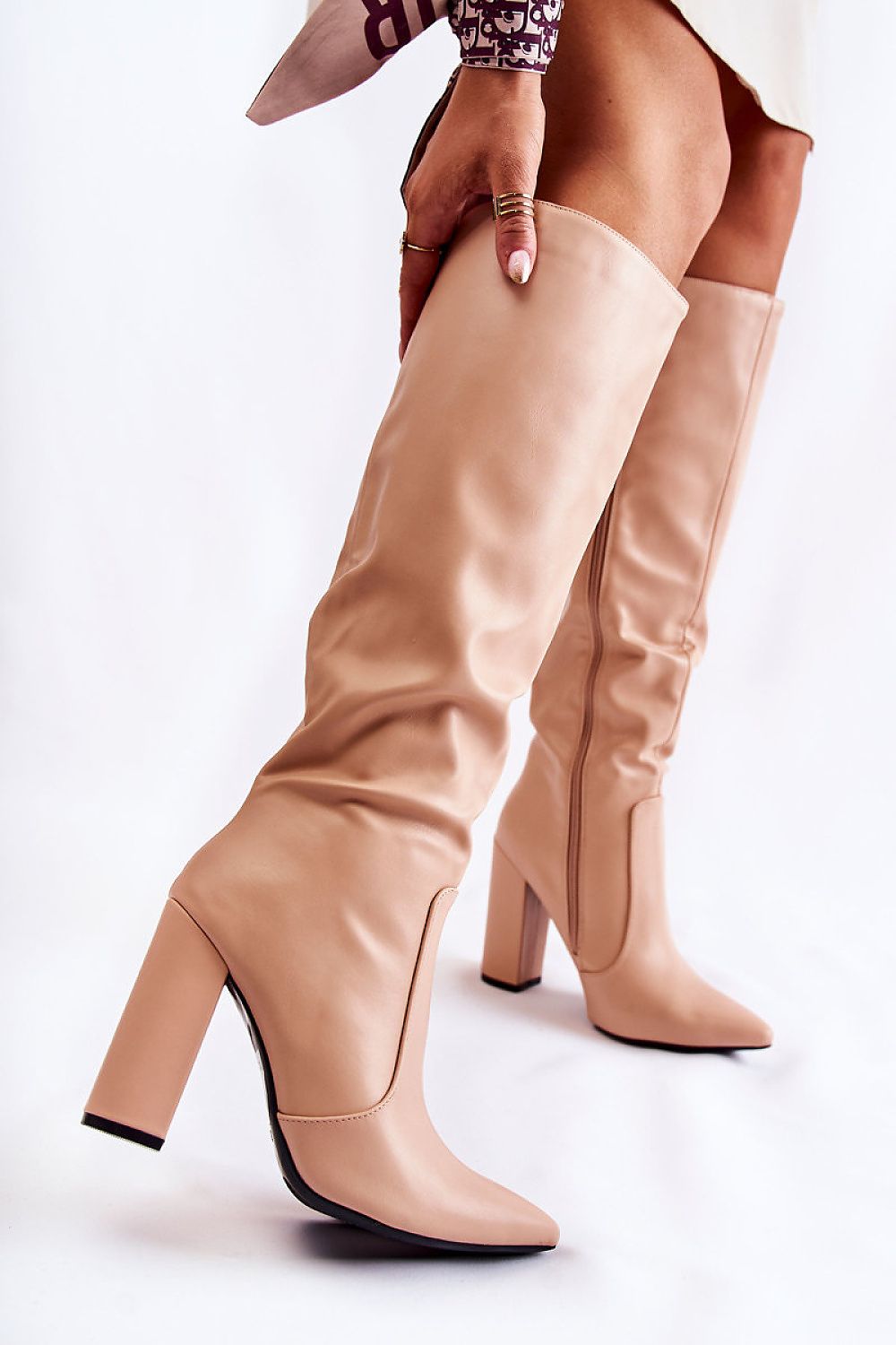 Damen High-Heel Stiefel aus Öko-Leder in Beige mit Blockabsatz.(Modell 220511 Step in style)