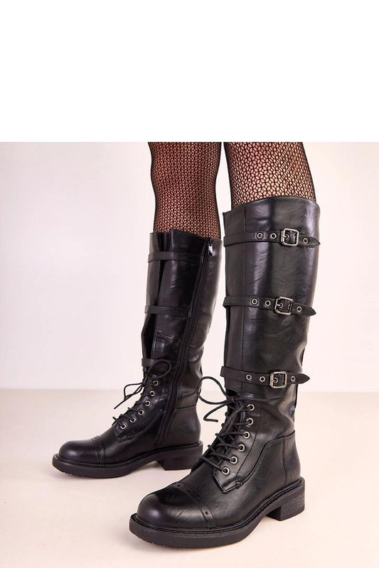 Damen-Stiefel aus Öko-Leder in Schwarz gefüttert mit Blockabsatz und Schnallen. (Modell 220584 Solea) 