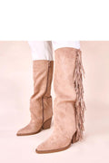 Damen Cowboy-Stiefel aus Öko-Wildleder in Beige mit Fransen und Blockabsatz. (Modell 221045 Solea) 