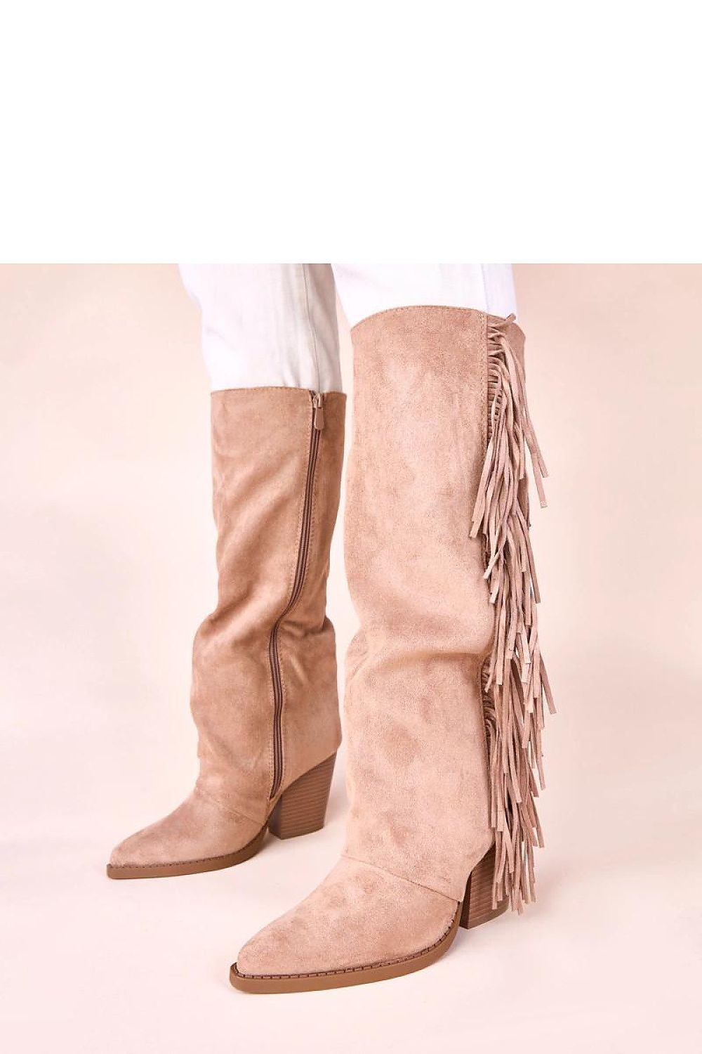 Damen Cowboy-Stiefel aus Öko-Wildleder in Beige mit Fransen und Blockabsatz. (Modell 221045 Solea) 