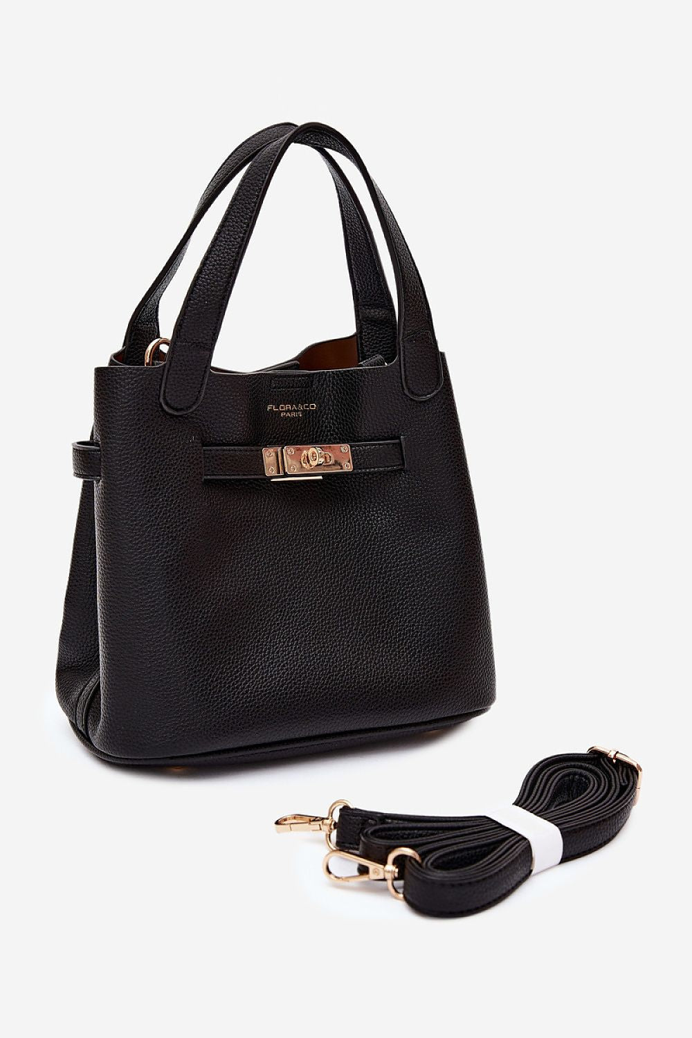 Damen Henkeltasche mit Reißverschluss in Schwarz aus Kunstleder, abnehmbarem Schultergurt, Gold-Details und Logo-Druck. 