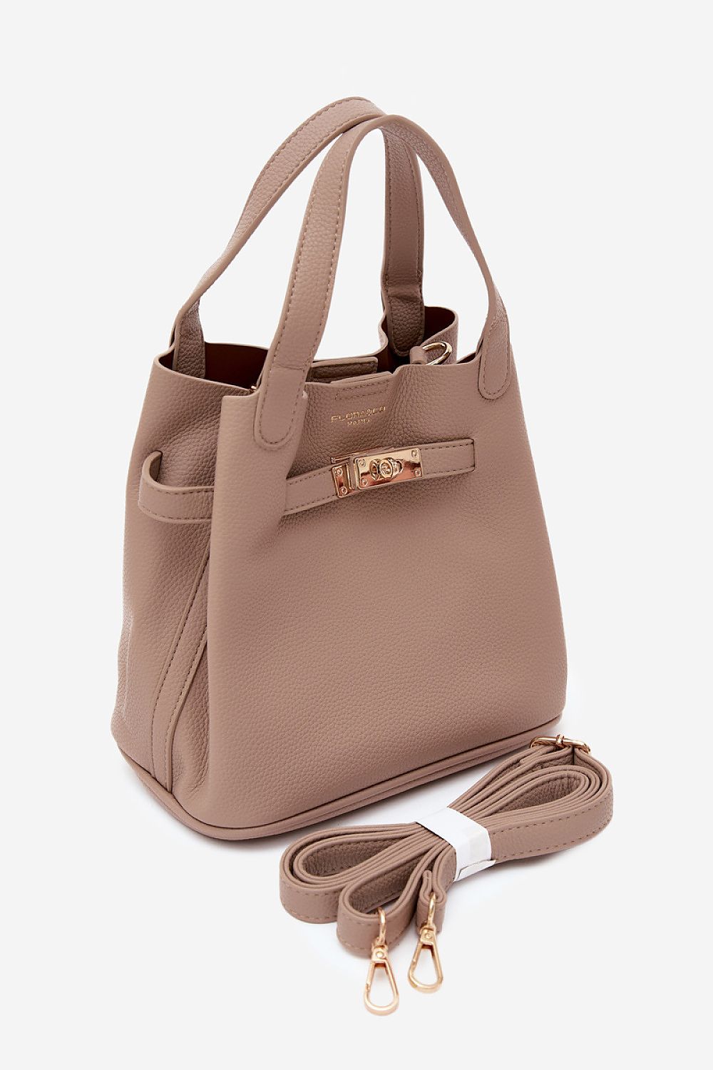 Damen Henkeltasche mit Reißverschluss in Beige aus Kunstleder, abnehmbarem Schultergurt, Gold-Details und Logo-Druck.