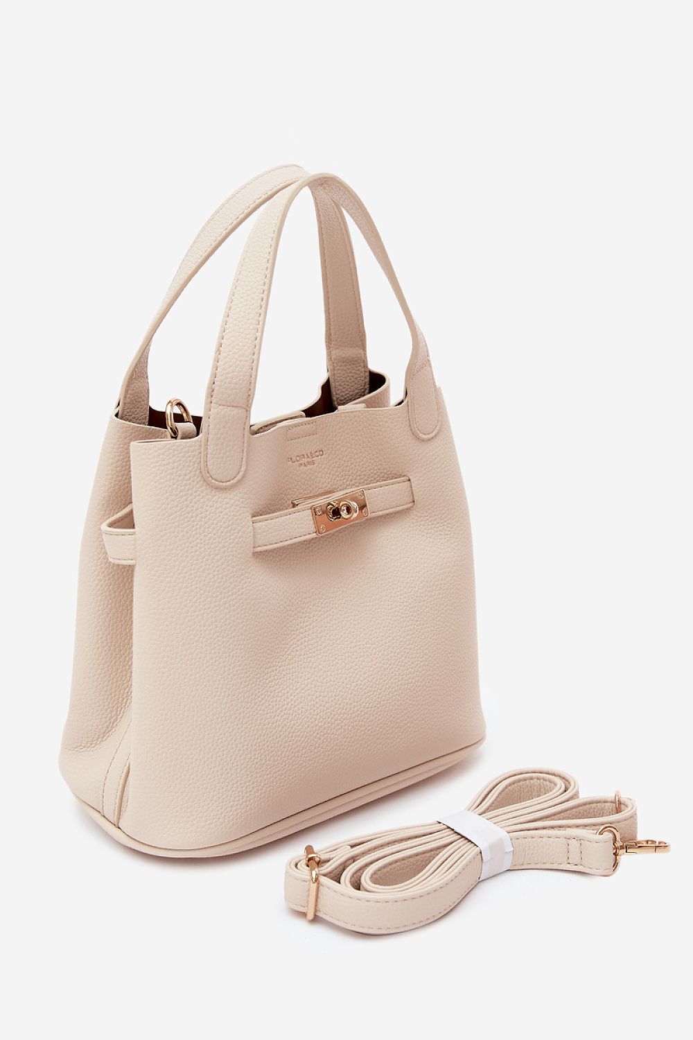 Damen Henkeltasche mit Reißverschluss in Beige aus Kunstleder, abnehmbarem Schultergurt, Gold-Details und Logo-Druck.