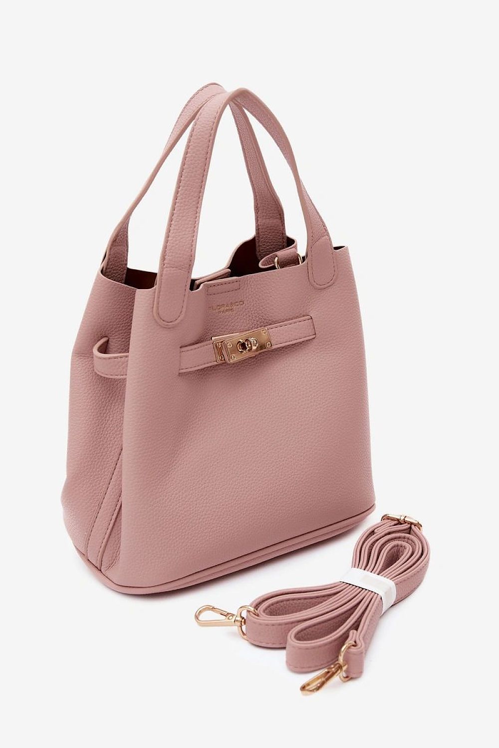 Damen Henkeltasche mit Reißverschluss in Rosa aus Kunstleder, abnehmbarem Schultergurt, Gold-Details und Logo-Druck.