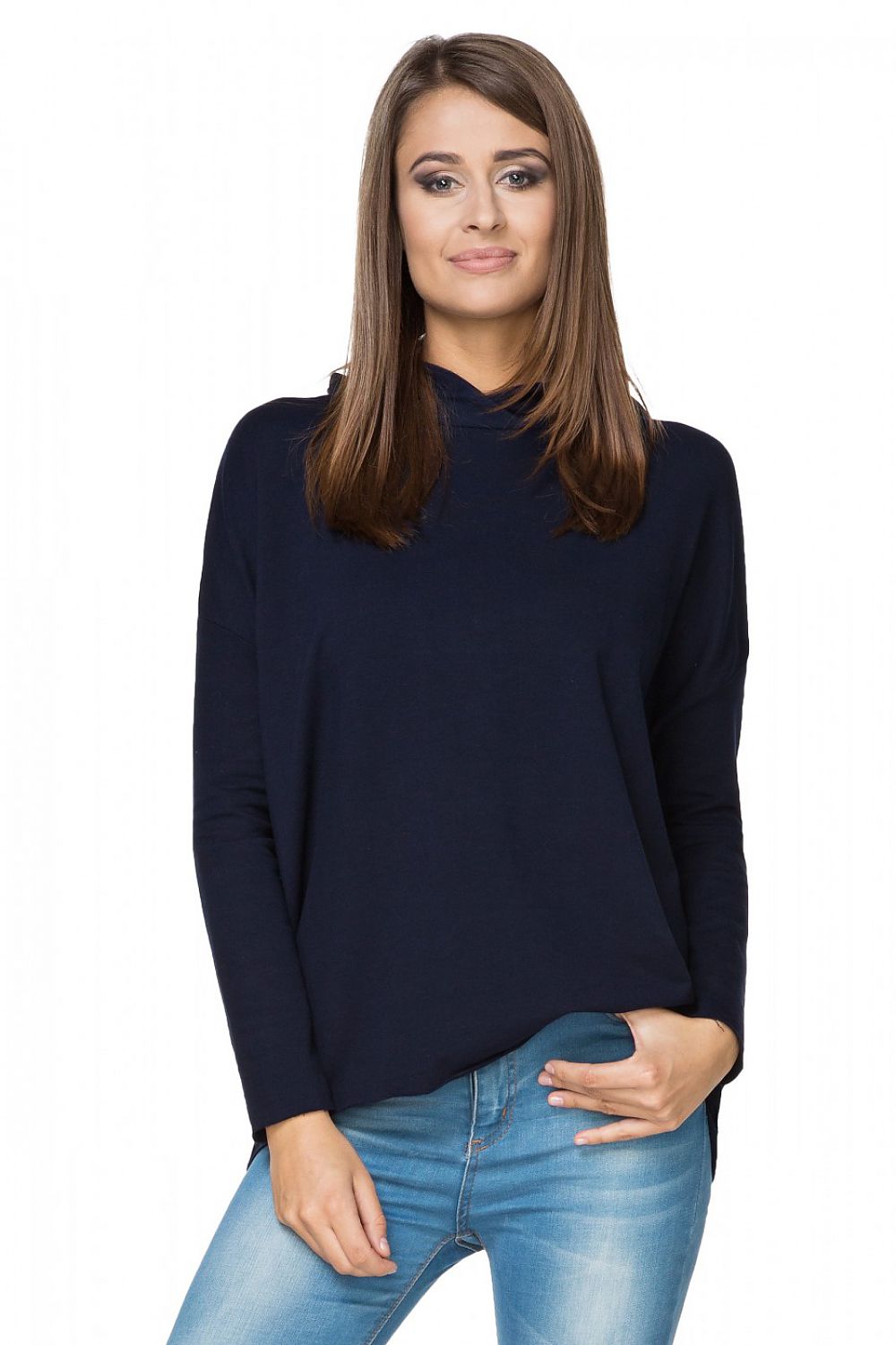 Damen Hoodie in Marineblau mit verlängertem Rücken in der Frontansicht. (Modell 107344 Tessita) 