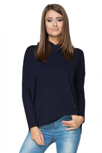 Damen Hoodie in Marineblau mit verlängertem Rücken in der Frontansicht. (Modell 107344 Tessita) 
