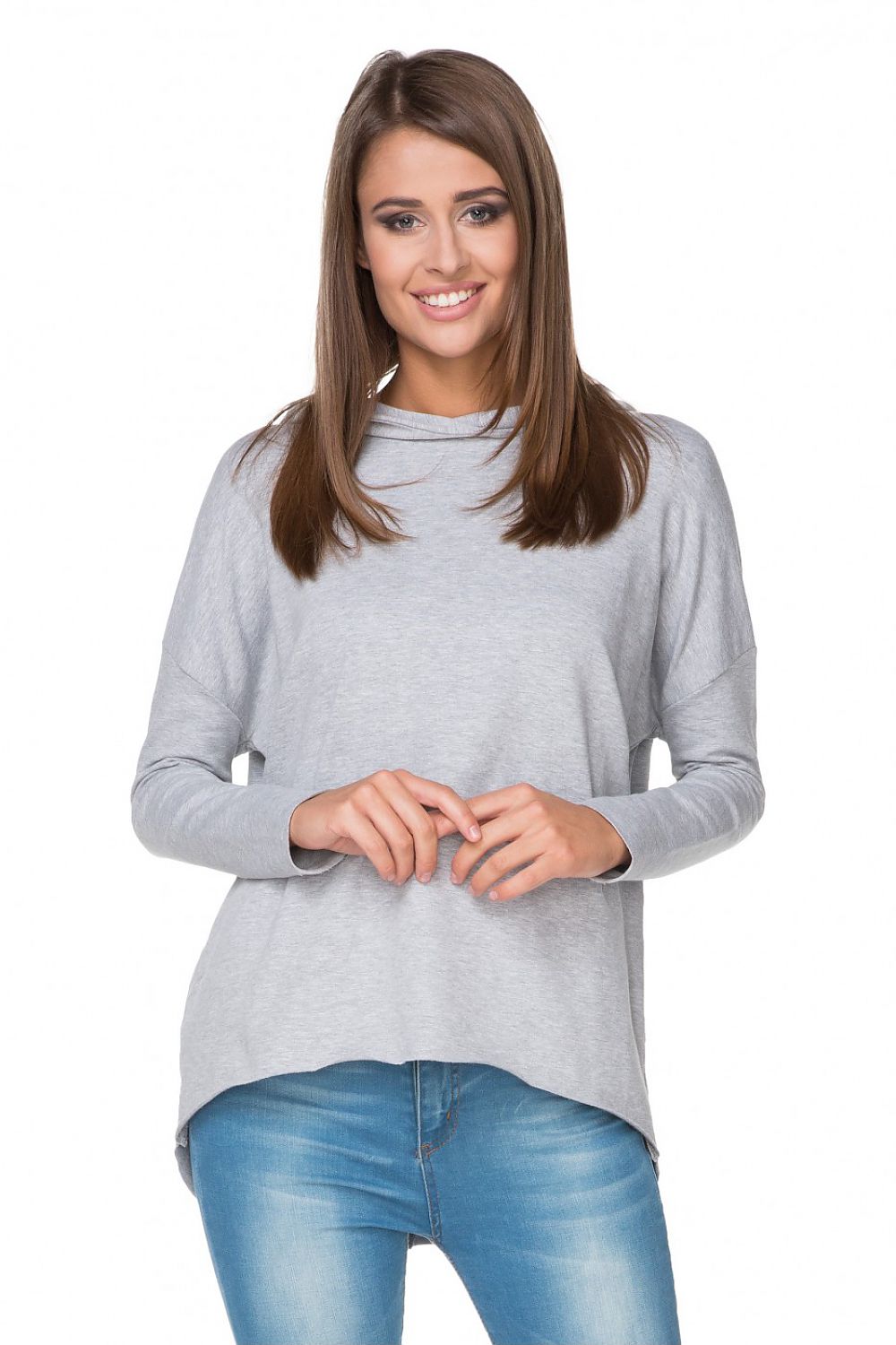 Damen Hoodie in Grau mit verlängertem Rücken in der Frontansicht. (Modell 107345 Tessita) 