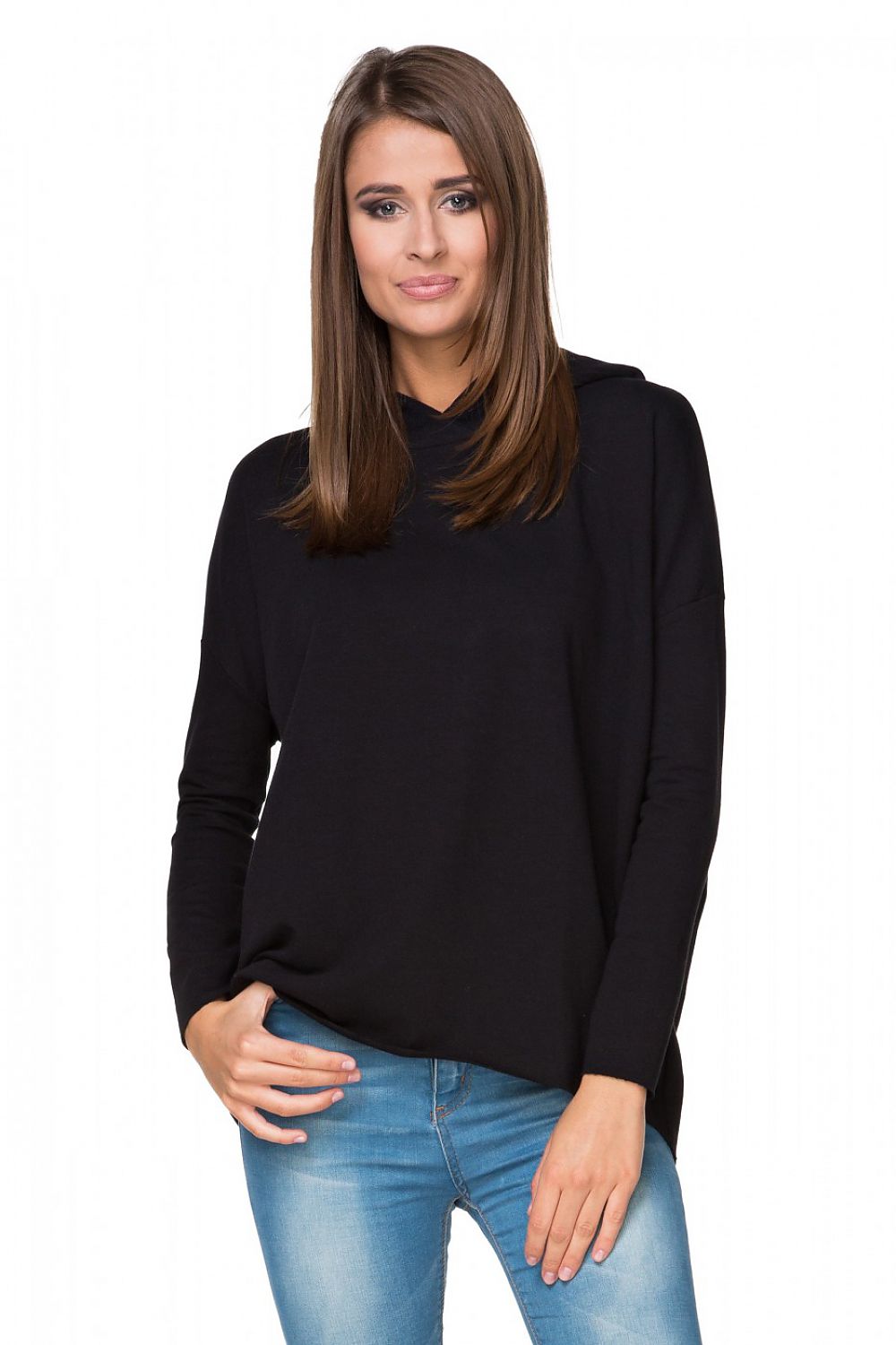 Damen Hoodie in Schwarz mit verlängertem Rücken in der Frontansicht. (Modell 107346 Tessita) 