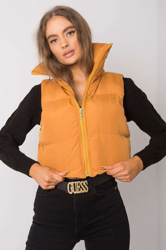 Damen Stepp-Weste in Gelb mit Kapuze & Stehkragen in der Frontansicht. (Modell 160783 Ex Moda)