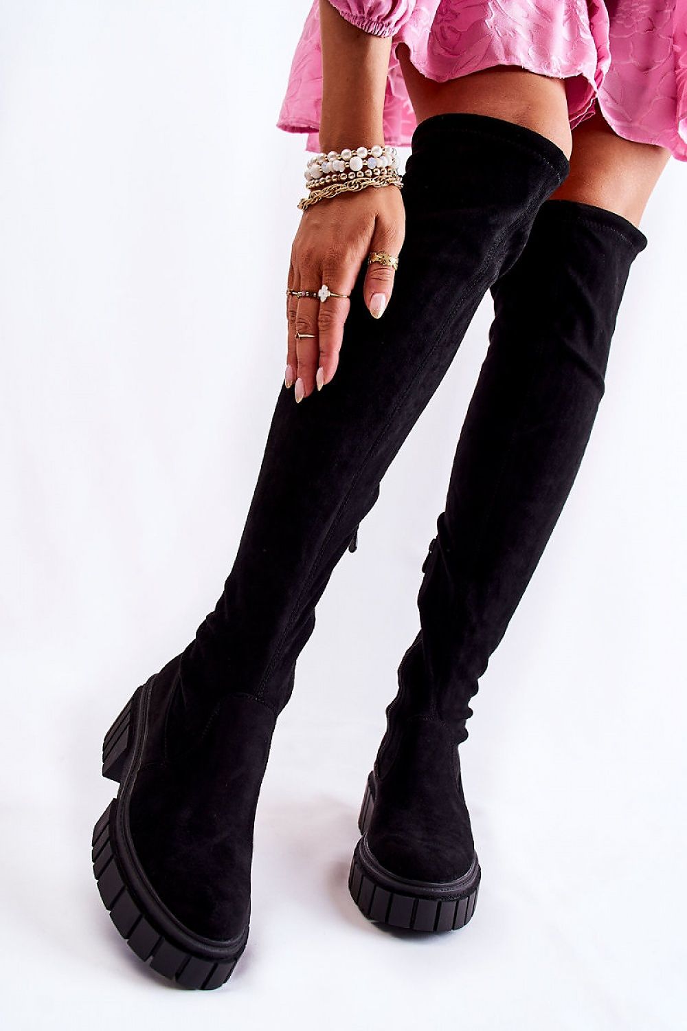 Damen niedrige Overknee Plateau-Stiefel in Schwarz gefüttert mit Bindung. (Modell 173777 Step in style)